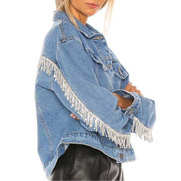 NWOT Revolve Superdown Rhinestone Fringe Denim Jacket - Picture 2 of 10